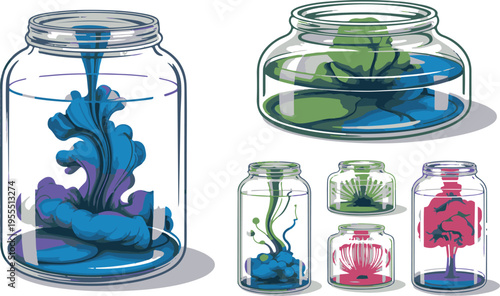 Glass jars with colorful liquid on isolated transparent background set