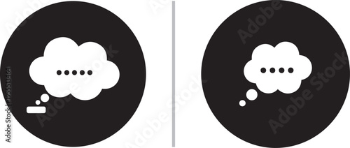 Two minimalist black circular icons featuring white cloud-shaped thought bubbles with ellipsis dots. Clean vector art representing thinking, processing, dreaming, or digital chat messaging.
