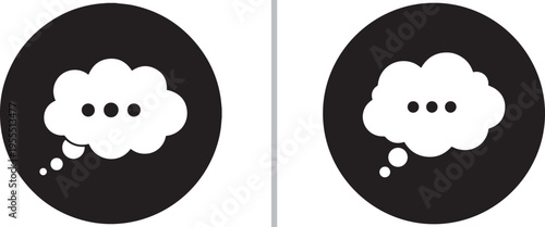 Minimalist vector icon set featuring white thought bubbles with ellipsis dots inside solid black circles, representing thinking, dreaming, brainstorming, or communication processing.