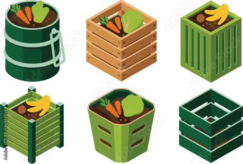 Isometric composting bins with organic waste and kitchen scrap icons