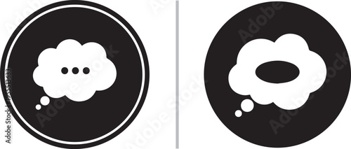 Two minimalist black circular icons featuring white cloud-shaped thought bubbles. One icon includes ellipsis dots to signify active thinking, dreaming, or digital chat processing.