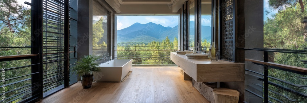 Naklejka premium Wooden bathroom mountain view bathtub balcony wide panoramic layout double vanity seamless glass railings and minimalist spa aesthetic