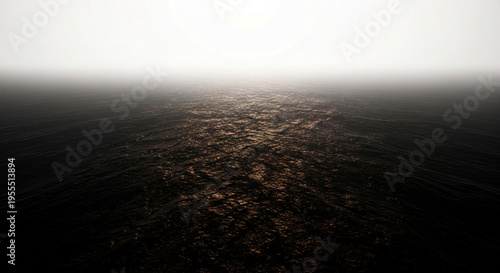 Wide shot of a dark ocean under a foggy, bright sky, creating a moody and mysterious atmosphere, representative of vastness and obscurity
