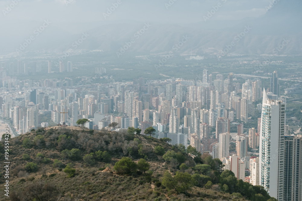 Fototapeta premium Benidorm city skyline with mountain landscape, Alicante, Spain