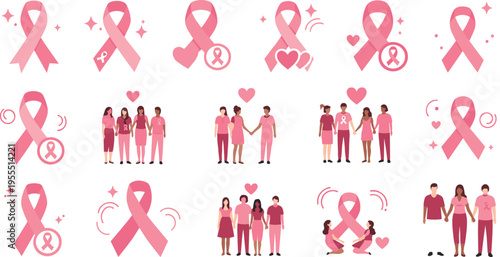 Breast cancer awareness collection with pink ribbons, people groups and support symbols healthcare campaign vector illustration set