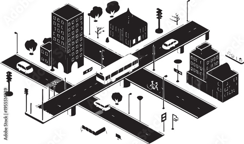 Isometric city street scene transportation buildings traffic vehicles urban landscape