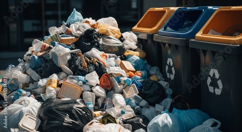 Overflowing Pile of Trash Near Blue and Yellow Recycling Bins