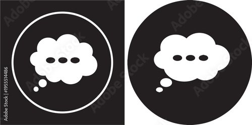 Minimalist vector icon set featuring white thought bubbles with ellipsis dots inside solid black circles, ideal for representing mental processing, brainstorming, or digital communication.