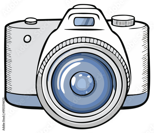 Hand Drawn Illustration of a Modern Digital SLR Camera with Big Lens