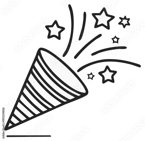 Festive celebration popper exploding with stars line icon for party occasions