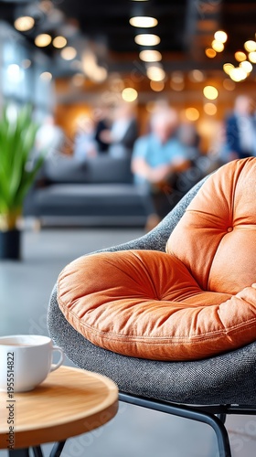 Comfortable grey armchair with an orange cushion beside a wooden table holding a white coffee cup. People relax in the inviting, blurred background of a modern office lounge space
