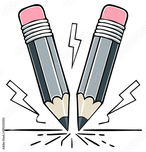 Pencils Sharpening Cartoon Icon Two Pencils Striking Together with Lightning Bolts and Lines Drawing
