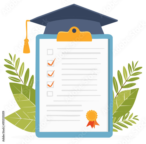 Successful Education Journey with Graduation Cap Checklist Clipboard and Certificate Seal