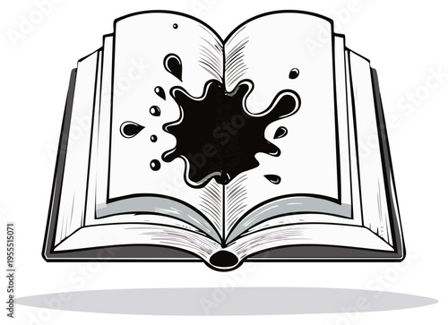Open book with ink blot illustration depicts spilled creativity messy page concept for reading and writing themes
