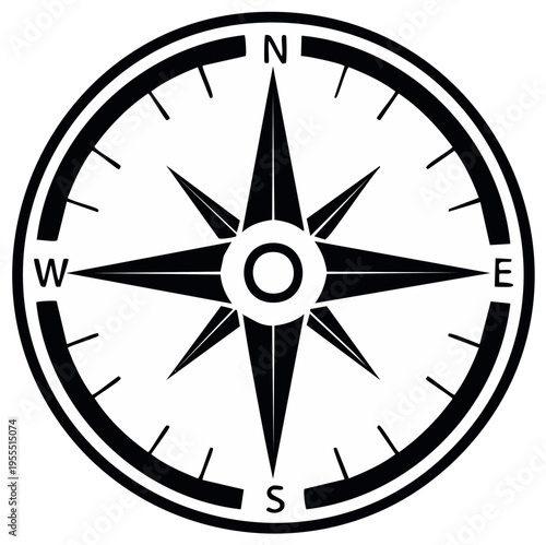 Black and White Compass Rose Graphic with Cardinal Directions and Intermediate Points