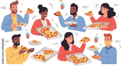 Diverse group of happy friends eating pizza slices from boxes with drinks for party lunch and casual social gathering vector