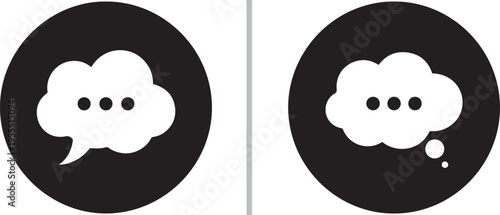 Minimalist vector icon set featuring a white speech bubble and a thought cloud with ellipsis dots inside solid black circles, representing chat, brainstorming, and mental processing.