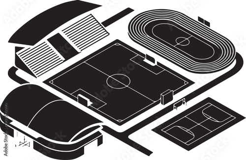 Isometric stadium complex with soccer field running track and stands