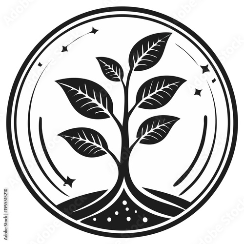 Minimalist graphic of a growing tree with roots inside a circular frame.