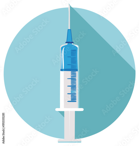 Flat design illustration of a medical syringe with blue liquid and needle
