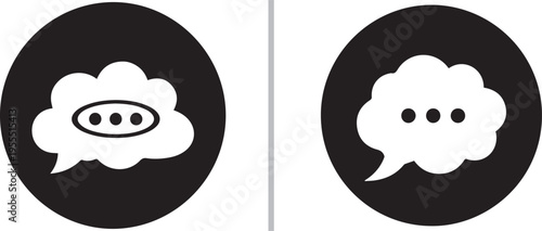 Two minimalist black circular icons featuring white cloud-shaped speech bubbles with ellipsis dots. Clean vector design representing active chat, digital messaging, or thinking processes.