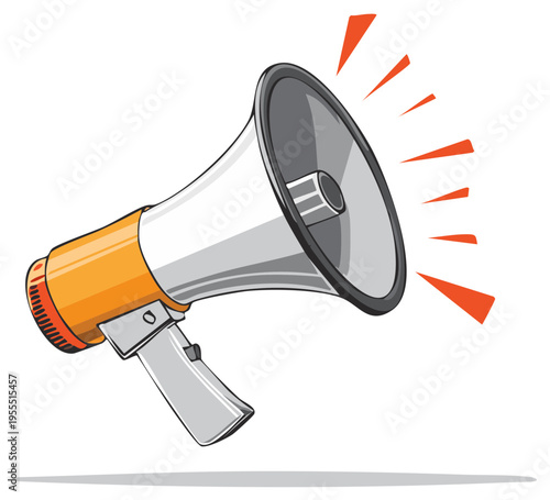 Cartoon megaphone illustration with sound waves, vector isolated on white background.
