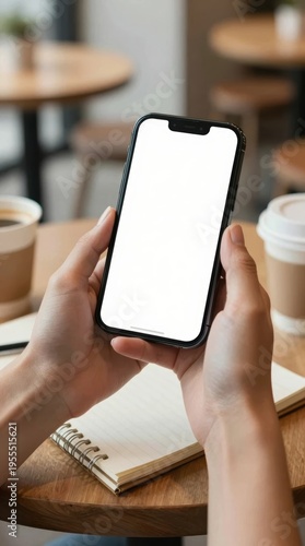 Person holds smartphone in a cafe while sitting at a wooden table with notebooks and coffee