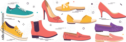 Women fashion shoe vector set featuring sneakers high heels loafers boots and sandals for footwear retail and lifestyle design
