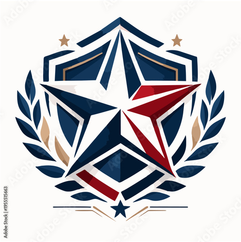 Stylized patriotic emblem featuring a large blue and red star, framed by laurel wreaths and geometric shield shapes, conveying achievement and honor.