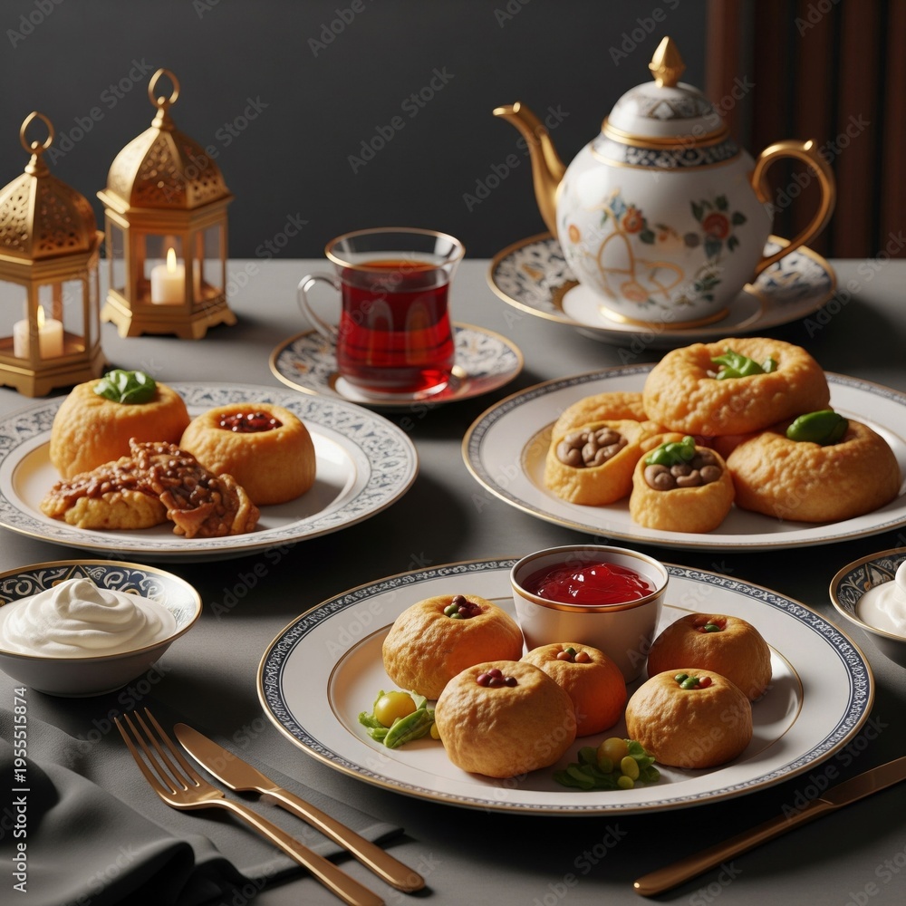 Fototapeta premium Elegant Still Life with Stuffed Pastries Tea and Golden Utensils
