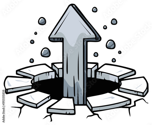 Arrow breaking through surface with debris and dust