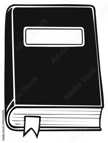 Black Hardcover Book with Blank Label and Ribbon Bookmark - Stylized Illustration