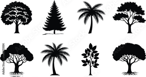 "Set of eight black tree silhouettes arranged in two rows showcasing diverse species including deciduous, coniferous, palm, and young sapling forms with unique foliage patterns"