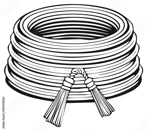 Coiled Rope with Tassels Elegant Line Drawing Nautical Cord Decorative Knot Illustration
