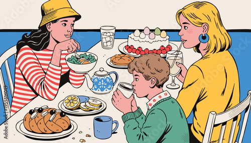 Retro Easter Breakfast and Brunch Illustration with Family Eating Cake, Bread, and Tea in Vintage Mid-Century Graphic Style for Holiday Branding and Lifestyle Marketing