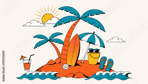 Retro Tropical Island Summer Vacation Vector Illustration with Surfboard and Palm Trees for Travel Branding, Seasonal Marketing, and Beach Resort Advertising