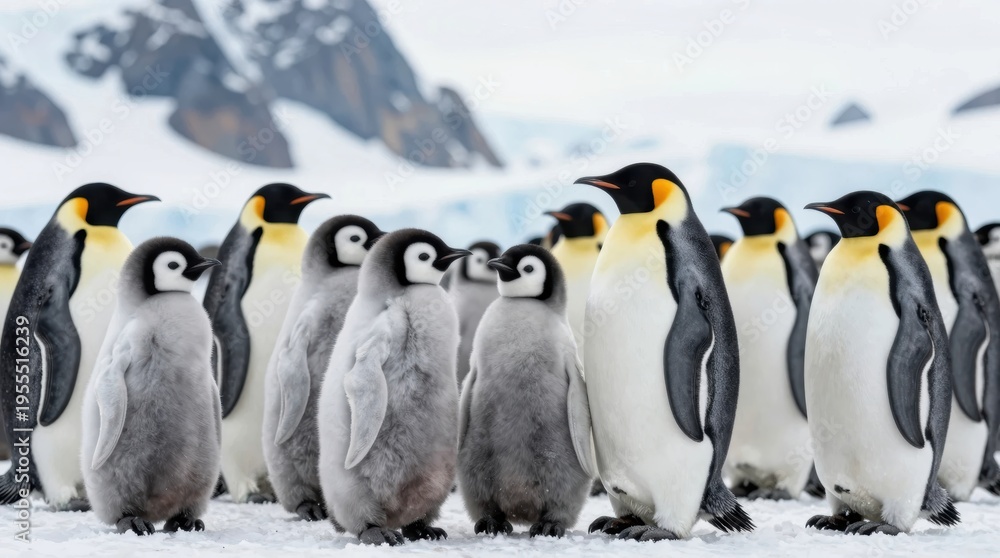 Fototapeta premium Penguins gather on ice in Antarctica during a cold season with many young chicks nearby