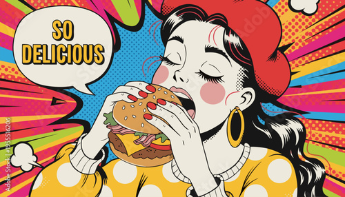 Retro Pop Art Woman Eating a Delicious Burger with Speech Bubble, Fast Food Marketing and Restaurant Advertising Vector Illustration