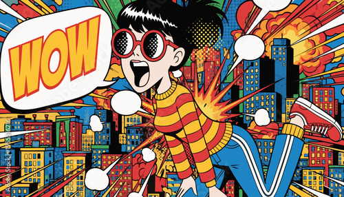 Surprised Woman in Retro Comic Book Style with Wow Speech Bubble and Sunglasses, Pop Art Vector Illustration for Social Media Marketing and Advertising