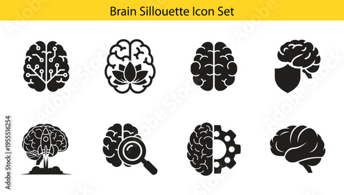 Human brain silhouette icon group showing growth and mechanism mental concepts for modern business interface design projects