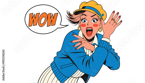 Surprised Woman in Retro Comic Book Style with Wow Speech Bubble and Sunglasses, Pop Art Vector Illustration for Social Media Marketing and Advertising