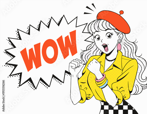 Surprised Woman in Retro Comic Book Style with Wow Speech Bubble and Sunglasses, Pop Art Vector Illustration for Social Media Marketing and Advertising