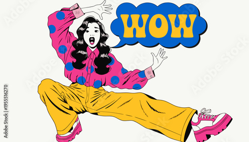 Surprised Woman in Retro Comic Book Style with Wow Speech Bubble and Sunglasses, Pop Art Vector Illustration for Social Media Marketing and Advertising