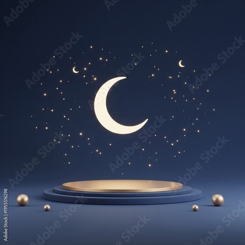 Golden Crescent Moon on Blue Stage with Sparkling Stars Background