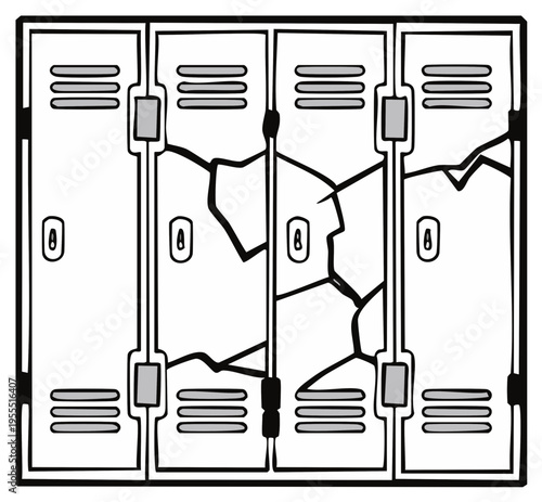Line art illustration of old school lockers with cracked doors and damage