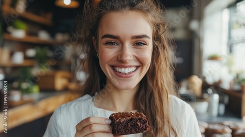 A happy girl holding a chocolate brownie conveys the joy of a delicious dessert, creating an appetising backdrop for adverts for confectionery, cafés or food blogs specialising in sweet treats.