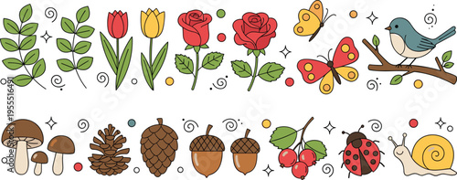 Nature forest garden vector set with roses tulips mushrooms acorns butterflies birds and ladybugs for spring and autumn floral design