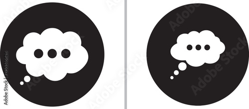 Two minimalist black circular icons featuring white cloud-shaped thought bubbles with ellipsis dots inside. Clean vector design representing thinking, dreaming, or digital chat communication.