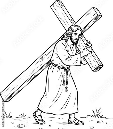 Hand drawn Jesus Christ carrying a heavy wooden cross through a rugged, rocky landscape, evoking a sense of sacrifice and devotion.