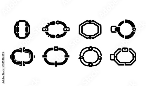 Mechanical Chain Link Icon Set with Industrial Connectors, Metal Rings, and Engineering Fastening Elements for Construction and Technology Vector Design